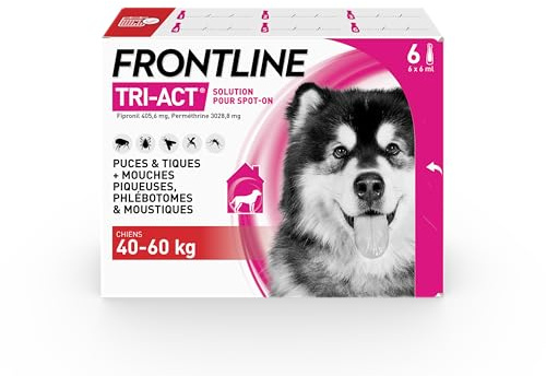 FRONTLINE Tri-Act Chien - Anti Puces, Tiques, Moustiques, Phlébotomes & Mouches - Traitement Radical En 6h - Pour Très Gros Chien De 40 à 60 kg - Fabriqué En France - 6 Pipettes Application Spot On