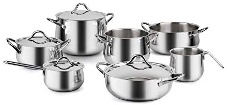 Batteria 11 pz, Acciaio Inox 18/10, Adatta a tutti i piani cottura induzione compresa, Include 2 pentole + 3 casseruole + 1 tegame + 1 bollilatte + 4 coperchi, Made in Italy.