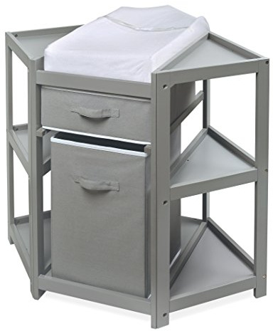 Badger Basket Corner Baby Changing Table - Space-Saving Diaper Changing Station for Nursery with Storage Bin, Changing Pad and Safety Belt - Organizer for Newborn and Infant Essentials - Gray