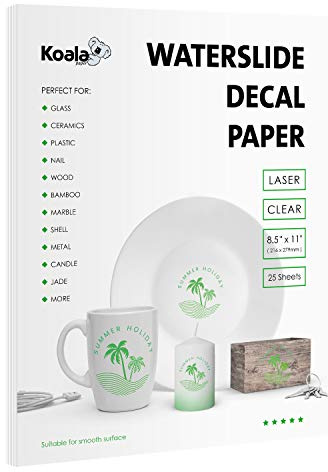 Koala Waterslide Decal Paper for Laser Printer - Clear Transparent - 25 Sheets Printable Water Slide Transfer Paper - 8.5x11 Inches
