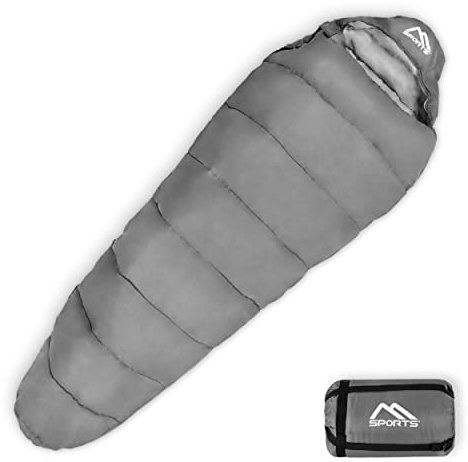 MSPORTS Saco de dormir premium para exteriores, incluye correa, color gris plata, 200 g/m² – Primavera/Verano Camping Viaje Festival – Saco de dormir cálido momia