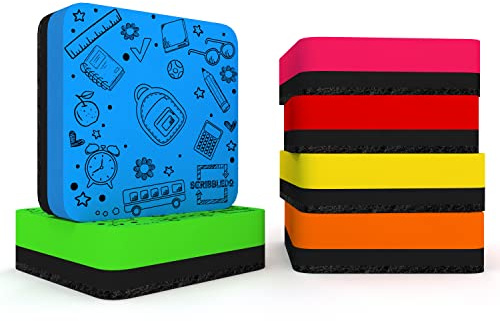 Scribbledo 6 Pack Magnetic Dry Erase Erasers - Assorted Colors, Magnetic, Smudge Free for Kids, Students, Classroom, Home, School, Office