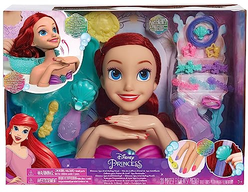 Disney Princess Shimmer Spa Ariel 8-inch Styling Head, 20-Pieces, Red Hair, Pretend Play, Kids Toys for Ages 3 Up by Just Play