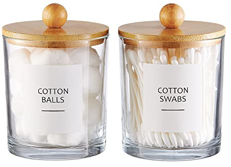 Onsogi Barattoli da farmacia in vetro con coperchi in bambù per l'organizzazione del bagno, il supporto per punta Q e il supporto per palline di cotone sono ideali per l'arredamento del bagno della