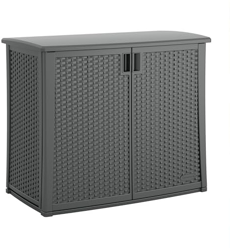 Suncast Resin Outdoor Storage Cabinet, Cool Gray Wicker Resin Outdoor Cabinet, Weatherproof, Lockable Outside Storage for Patio, Deck, Balcony, Porch, Backyard, or Garden, Made in the USA