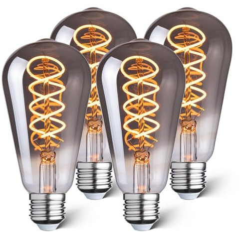 Wesome Lighting LED Edison Vintage Glödlampa E27, 4W 250LM 1800K Retro Belysning, Filamentlampa för Dekorativ Nostalgi & Industriell Design, 4-pack (Rökfärgat, ST64)