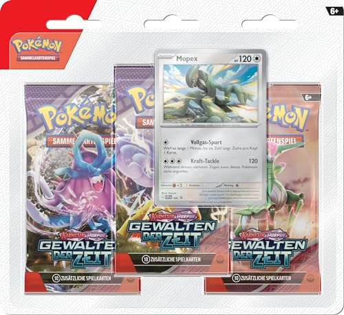 Pokémon-Sammelkartenspiel: 3er-Pack Karmesin & Purpur – Gewalten der Zeit: Mopex (3 Boosterpacks & 1 holografische Promokarte)