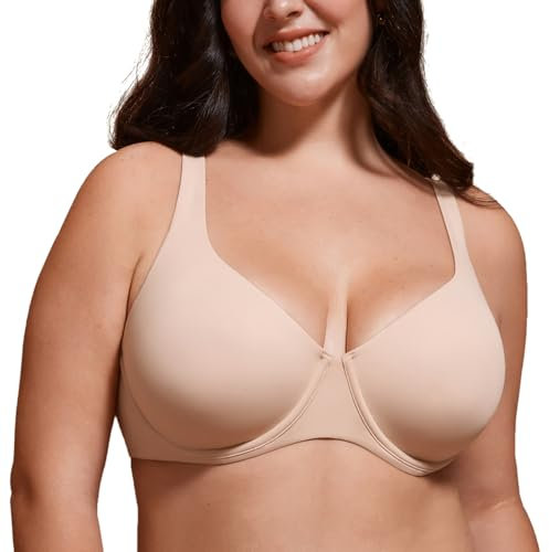 DELIMIRA BH Damen mit Bügel Tshirt BH Große Brüste Scoop-Ausschnitt Vollschalen Ungepolsterter Beige 80D