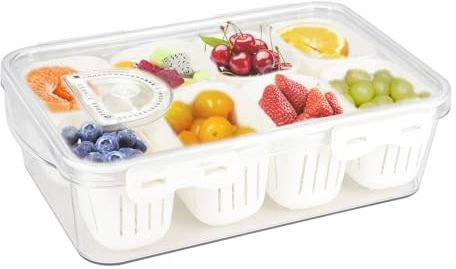 Gzsekken Fridge Fruit Storage Containers,Divided Fridge Storage Containers with Lid 8 Compartment Food Storage Contaienr Stackable Fresh Box Organiser for Vegetables, Herbs, Nuts
