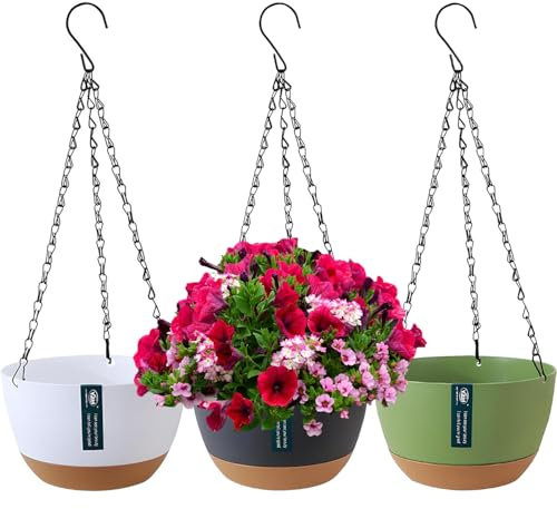 Duscdesp Lot de 3 pots de fleurs suspendus pour l'intérieur et l'extérieur - Avec trous de drainage et soucoupe amovible - Pour la maison, le jardin, le balcon