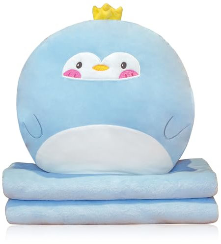 MeYuxg Manta de Viaje y Almohada de 140 x 170 cm con Funda, Almohada para la Siesta 3 en 1, Cojín para el Respaldo del Sofá del Coche para Niños Niñas, Regalos Suaves para Adultos (Pingüino)