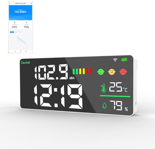 ESYSMSToz wifi noise monitor,4-in-1,Decibel Meter Sound Level Reader/Time/Humidity/Temperature,Wall Hanging 11 inch Large LED Display,Degrees Celsius ℃