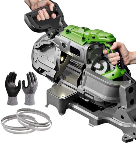 Sega a nastro portatile per metallo e legno, potenza 1100 W con luce LED, guanti e lame per sega, ideale per tagliare barre d'acciaio e altro