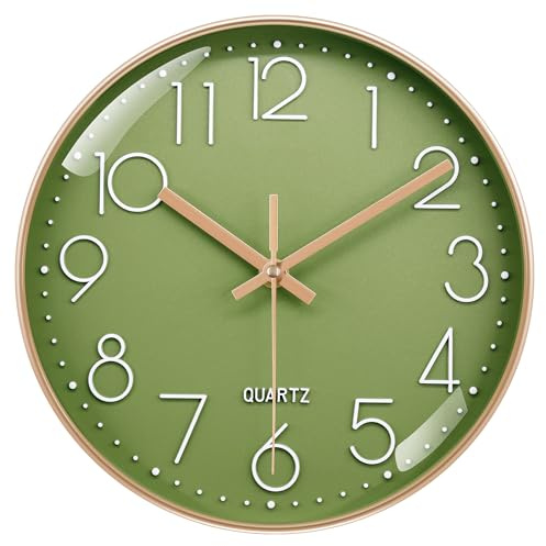 VIKMARI Reloj de Pared de 20 CM con Números 3D, Silencioso Sin Tic TAC, Moderno Color Verde Oliva, Decoración para Cocina, Sala de Estar, Dormitorio, Baño, Oficina