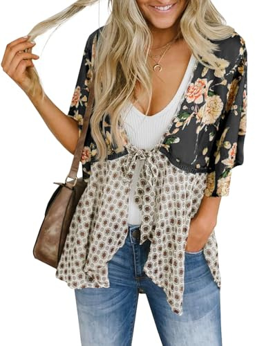 Saodimallsu Womens Tie Front Kimono Cardigans Floral Lightweight Ruffle 3/4 Sleeve Boho Flowy Beach Cover Ups Black