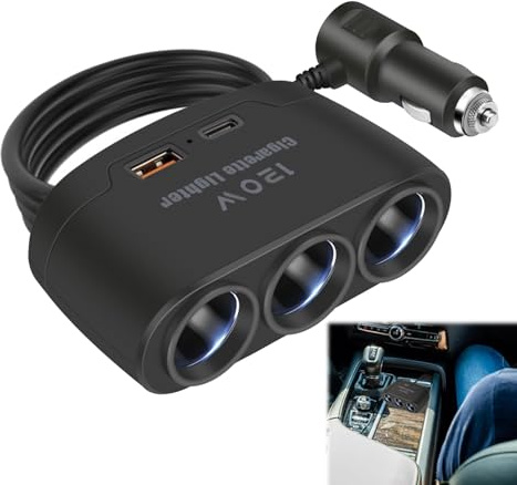 BaZuyunMd Distribuidor 5 en 1 para encendedor de cigarrillos, cargador de coche de 120 W con 3 tomas de 12 V, USB y USB-C PD, accesorios para coche para calefacción de asiento y cámara de salpicadero