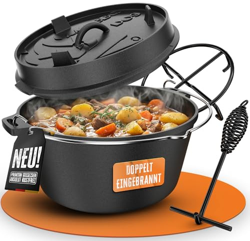 AMZBBQ® Premium Dutch Oven – Doppelt Eingebrannter Gusseisen Feuertopf – Rostbeständiger Schmortopf für Grill, Backofen & Outdoor – inkl. Deckelheber & Untersetzer – 9 Liter & Ohne Füße