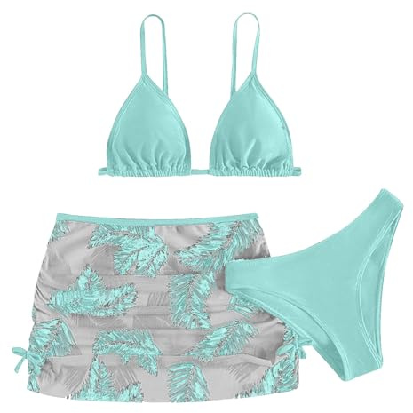 Bikinis 3 Piezas para Niña Trajes de Baño Verano Conjunto de Bikinis Niñas Ropa con Top Bikini Tirantes Ajustables Shorts Bikini y Falda Estampada dePlaya y Piscina (Mint Green, 13-14 Years)