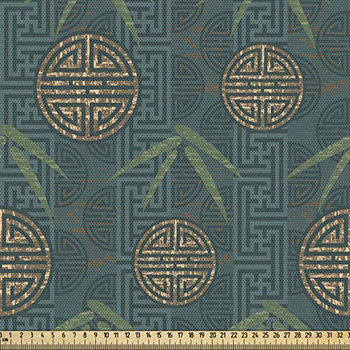 ABAKUHAUS de Bambú Tela por Metro, Auténticos Motivos Asiáticos, Bellamente Tejida para Tapicería y accesorios para el Hogar, 1 M(148x100 cm), Verde Azulado Marfil