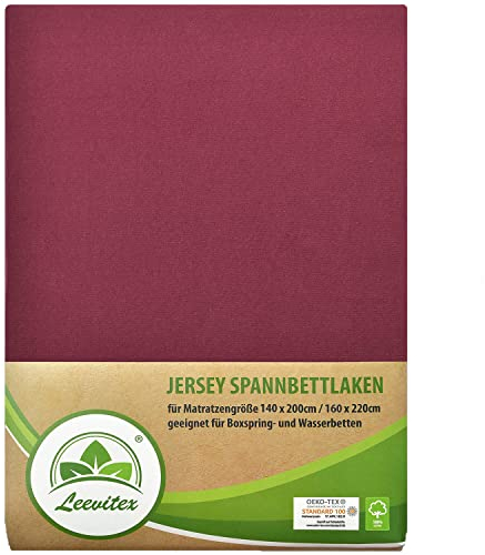 leevitex® Premium Spannbettlaken 140x200-160x220 cm - 40 cm Steg - auch für Boxspringbett & Wasserbett | 100% Mako-Jersey-Baumwolle | ÖKO-TEX | 170g/m² | Bordeaux/Weinrot