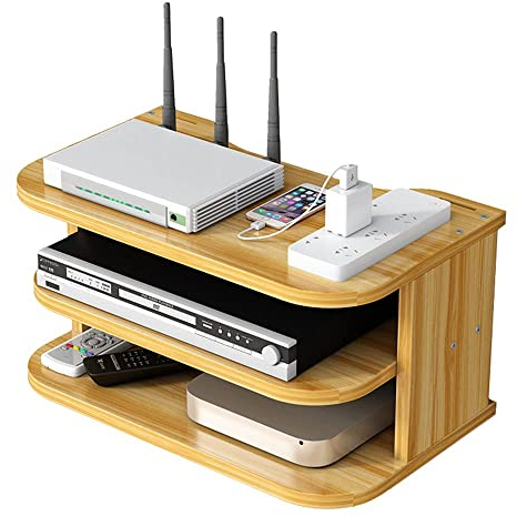 Hggzeg WiFi Router Storage Box Floating Shelves TV Set-Top Rack, Wall-Mounted Multi-Layer Cable Management Storage Shelf for Wall Decoration (jl04, Cherry Wood)