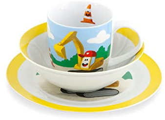 BIOZOYG - Vajilla para Niños de Porcelana - Juego de Desayuno de 3 Piezas, Apto para Lavavajillas, Juego de Plato Taza Cuenco Blanco con Diseño, Ideas de Regalo para Niños, Excavadora