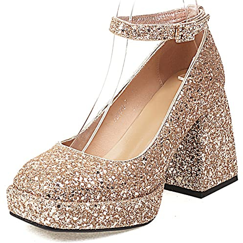 Escarpins à Gros Talons pour Femmes, Pompe à Talon Élevé Bout Carré à Enfiler Robe Pumps avec Plateforme Elegant, Taille 33-46