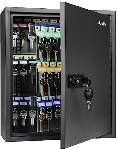 Uniclife 120 Position Key Cabinet with Combination & Key Lock Resettable Black Digital Security Storage Box Steel Key Organizer with Adjustable Racks Colorful Key Tag Labels and Hooks