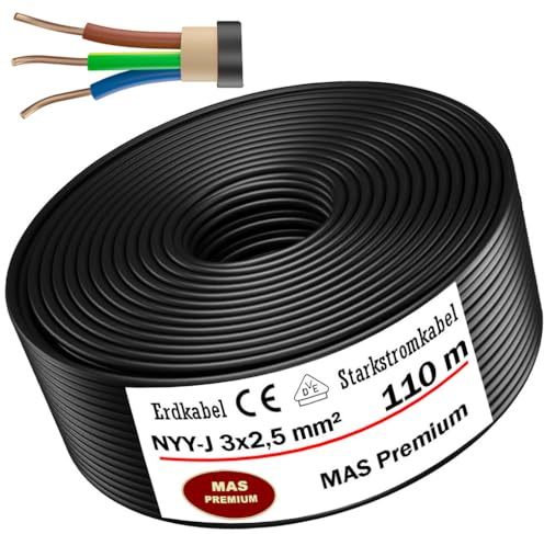 MAS Premium NYY-J 5-170m 3x1.5 2.5 4 6 10 16 o 5x1.5 2.5 4 6 10 16 cavo di terra, cavo elettrico ad alta tensione ad anello per la posa all'aperto di terra (NYY-J 3x2.5 mm², 110 m)