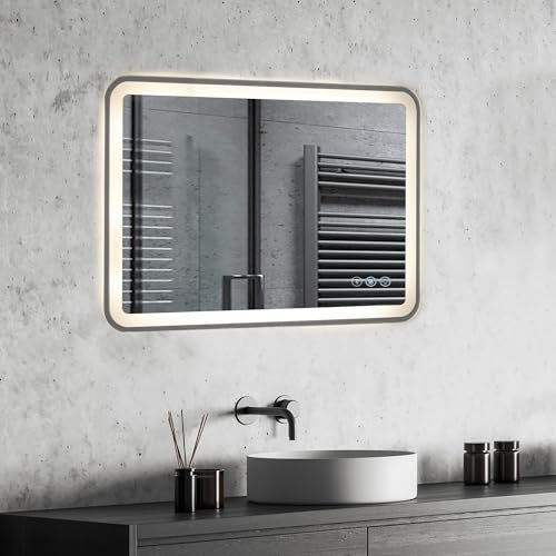EROMMY Badspiegel mit Beleuchtung 60x80CM mit Steckdose,Entfoggen,Dimmbar,3 Farbtemperaturen Badezimmerspiegel,Led Spiegel mit Touch-Schalter und Speicherfunktion