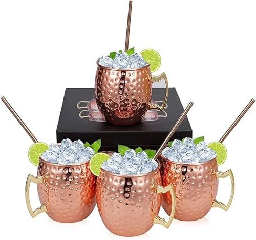 Wylnsie Set aus 4 handgefertigten, gehämmerten Kupferbechern für Moscow Mule, inklusive 4 Trinkhalmen, perfekt für Zuhause, Bar, Party, Geschenkset