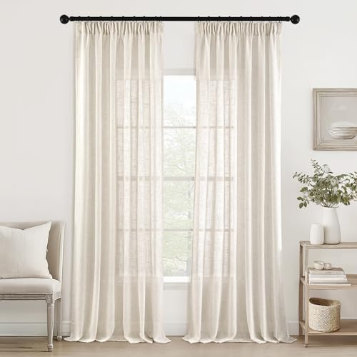 MIULEE Gardiner med rynkband, öglehalsduk, voilegardin, modern linnelook, halvtransparent för vardagsrum, sovrum, skjutgardiner, set om 2, transparent, naturlig linne, vit, 300x140 cm | Halvtransparent linneutseende glidande gardin, moderna voile gardiner för vardagsrum sovrum
