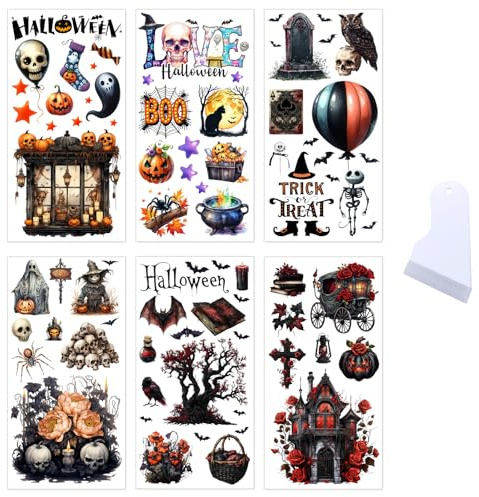 6 ark halloween klistermärken rub on transfer klistermärken pumpa skalle spöke dekal vintage estetisk halloween fest dekoration klistermärken för möbler fönster flaska laptop trä scrapbook