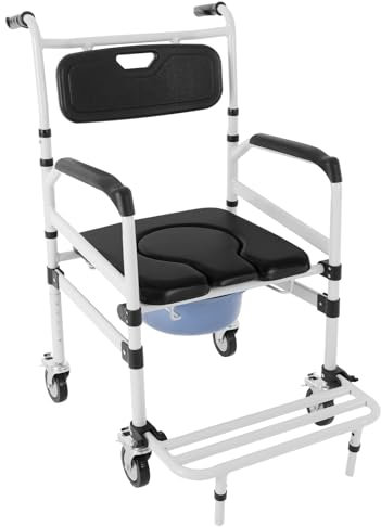 Silla de inodoro con ruedas, para personas mayores, capacidad de carga de 100 kg, silla de inodoro con altura ajustable, con cuenco extraíble