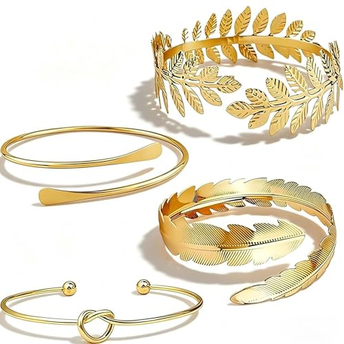 louuuou 4 PCS Gold Arm Cuff Upper Arm, Arm Cuff Gold Adjustable Cuff Bracelets for Women Arms Bands Jewellery Set, for Parties and Special Occasions Decoration
