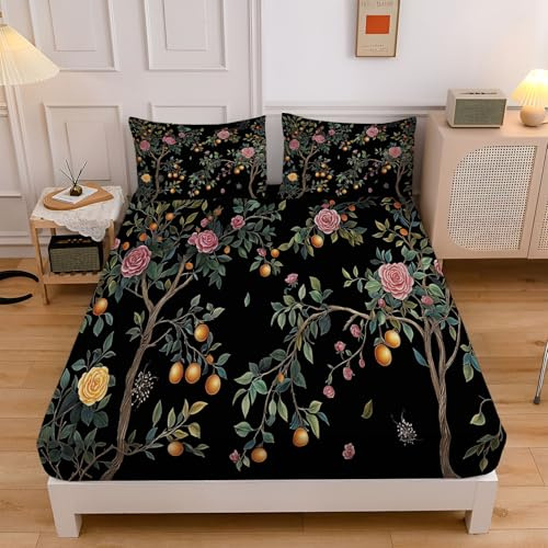 Chinese Style Floral 4FT-Small Double Fitted Sheet,3D Apricot Tree Plant Fitted Sheet,Deep Pocket 12 inch(30cm) Soft Microfibre Fabric,Shrinkage and Fade Resistant 120x190cm Bedding