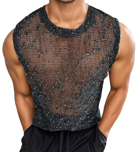 Camicia a rete da uomo con glitter, trasparente, sexy, a maniche corte, da club, estiva, ad asciugatura rapida, traspirante, comoda maglietta intima