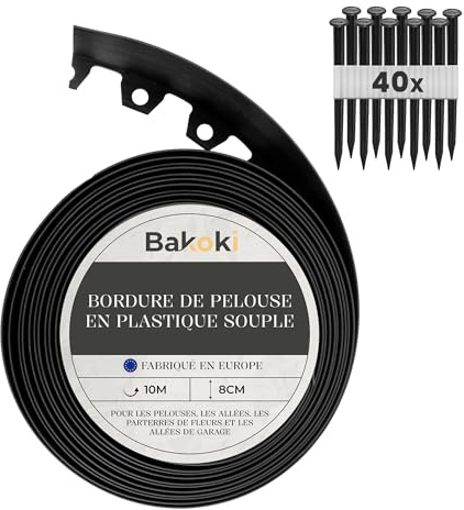 BAKOKI Borde Flexible para césped (10 m, 40 Anclajes de Tierra, 8 cm de Altura), de plástico Negro, Resistente a la Intemperie, Borde Redondo, bordillo Redondo para césped, remate de Corte