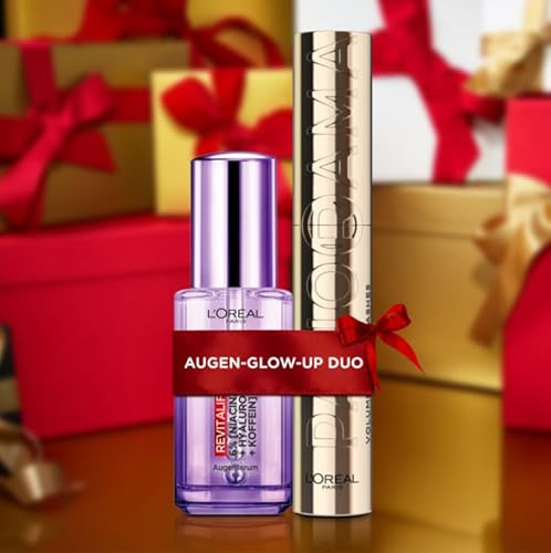 L'Oréal Paris Weihnachtsset - Revitalift Filler Augenserum und Panorama Mascara, Augenserum mit 2,5% [Hyaluronsäure + Koffein] und Wimperntusche für extra Volumen, AUGEN-GLOW-UP, 10,5 ml und 20 ml