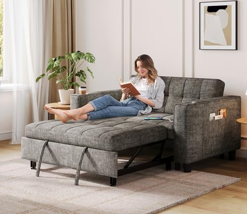 LINSY 54 Pull Out Couch with Charging Station, Small Sleeper Sofa Bed with Cup Holder, 3 in 1 Convertible Loveseat Sleeper Couch for Apartment, Dorm Room, Bedroom and Small Space, Gray