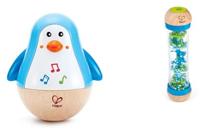 Hape Penguin Musical Wobbler, Colourful Wobbling Melody, Roly-Poly Toy for Kids 6 Months+ & Hape Rainmaker, Mini Rattle Wooden Rainmaker Toy, Blue
