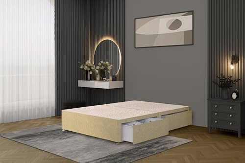 Bed Centre Flexby Divan Bed Base Only with 2 Drawers (Same Side), No Headboard - Available in 3FT, 4FT, 5FT and 6FT(6FT Super King, Linen Beige Fabric)