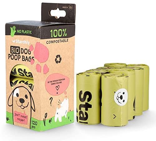 Starchly 120 sacchetti compostabili per escrementi di cani, ecologici, a prova di perdite, materiali a base di amido, confezione da 15 sacchetti (8 rotoli da 15 pezzi), verde