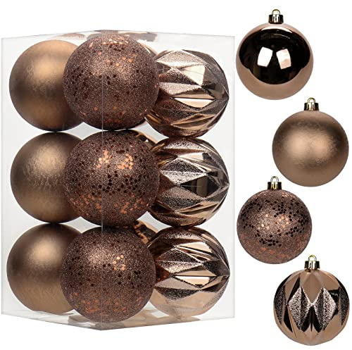 12 pcs Christmas Baubles Xmas Ball Ornaments with Strings, 80mm/3.1 Brown Shatterproof Plastic Hanging Decorations, Christmas Tree Pendants for Home Party Wedding Holiday