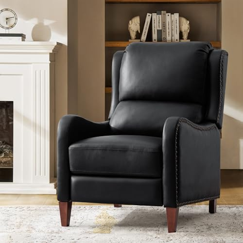 HULALA HOME Genuine Leather Recliner Chair, Modern Push Back Recliner Armchair with Thick Seat, Backrest & Footrest, Nailhead Decor for Living Room, Bedroom, Black