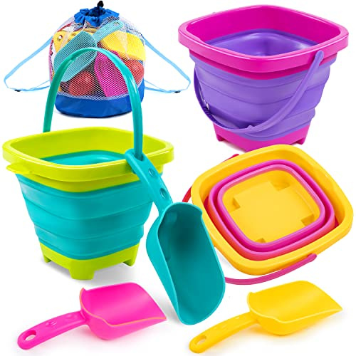 Sloosh Lot de 3 seaux Pliables avec 3 pelles, Seau à Sable et à Eau, bac à Sable carré, fête d'été, Seau Pliable en Silicone, Jouets de Plage et de Voyage pour Enfants (Rose/Violet/Vert)