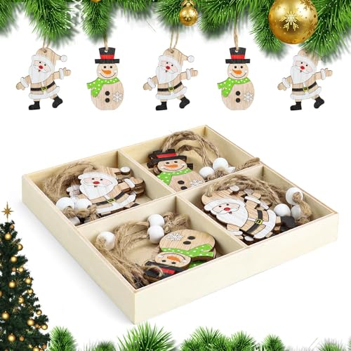 Decorazioni Albero di Natale, DEANKEJI 12 Pezzi Decorazioni Natalizie per Albero, Decorazioni Natalizie Legnotra cui Babbo Natale e Pupazzo di Neve di Natale, per Decorare gli Alberi di Natale