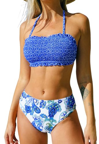 CUPSHE Bikini deux pièces pour femme, haut bandeau à nouer dans le dos avec bretelles amovibles, et bas à taille moyenne