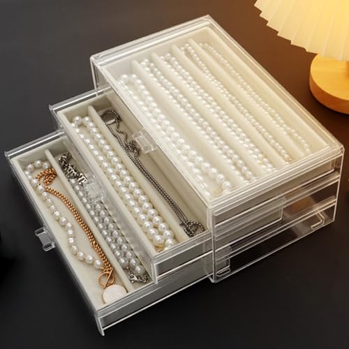 Jinavoty Boîte de rangement pour colliers, boîte de rangement en acrylique avec plateau en velours, résistante à la poussière pour femmes et filles (beige, 3 tiroirs)