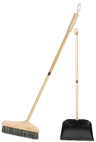 Healeved Juego de Escoba y Recogedor Diseño Ergonómico Resistente al Desgaste Mango Largo de Madera y Acero Inoxidable Adecuado para Centros Comerciales y Vestíbulos